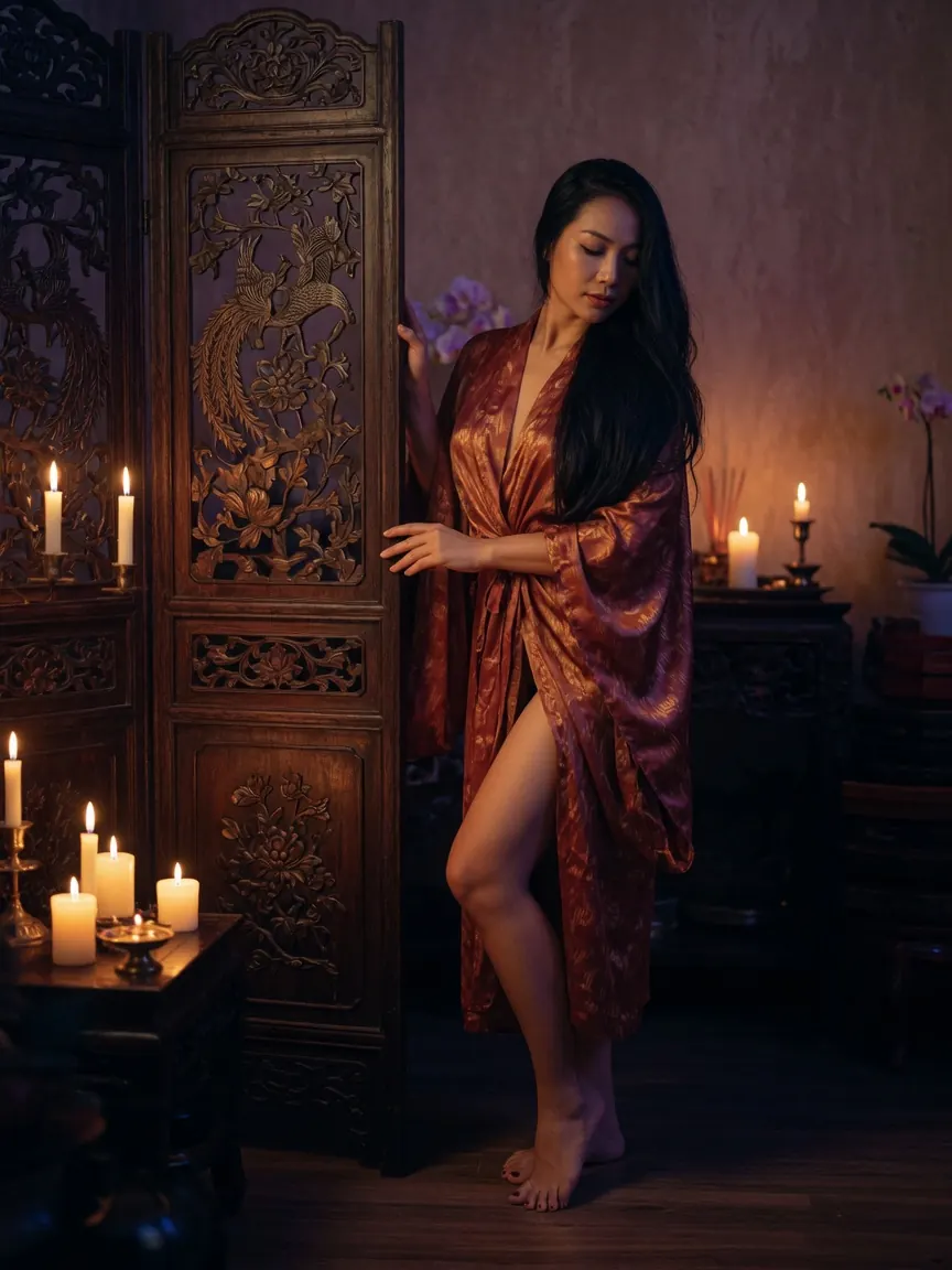 Silk robe and low lamplight in a studio offering erotic massage Hanoi